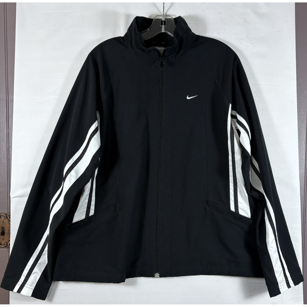 Nike Women's Jacket Black w/ White‎ stripes Vtg 90s Windbreaker Golf XL 16-18